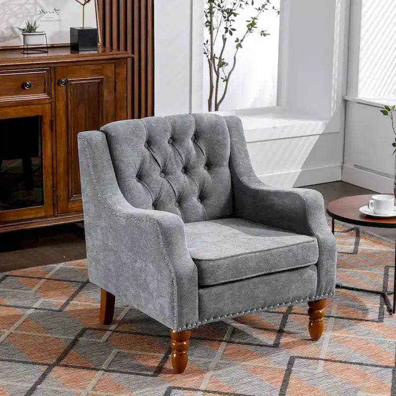 Fauteuil d'appoint en lin, dossier capitonné avec motif diamant, coussin haute résilience, pieds en bois massif