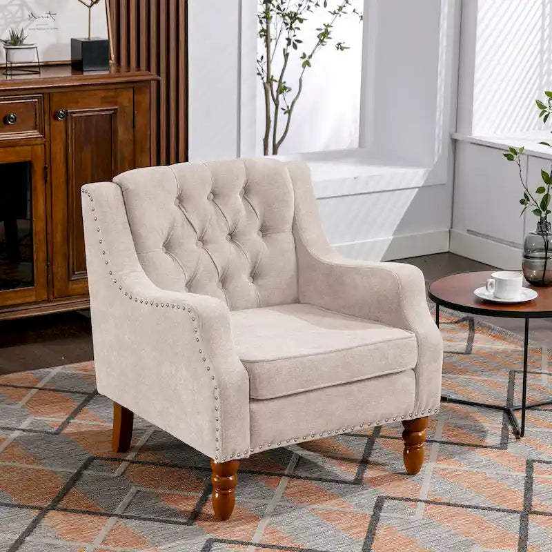 Fauteuil d'appoint en lin, dossier capitonné avec motif diamant, coussin haute résilience, pieds en bois massif