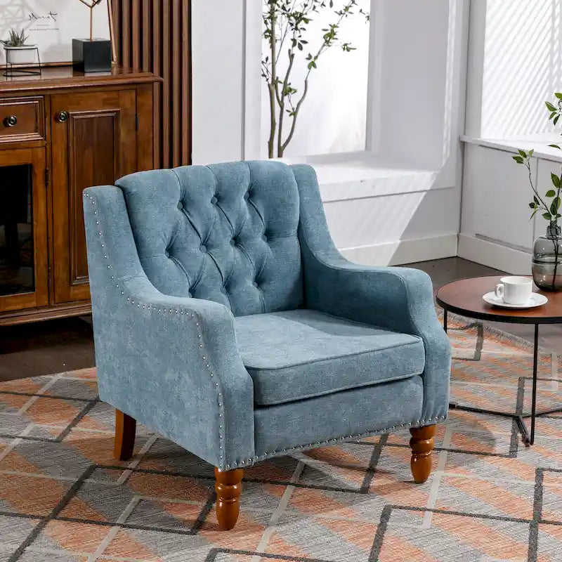 Fauteuil d'appoint en lin, dossier capitonné avec motif diamant, coussin haute résilience, pieds en bois massif