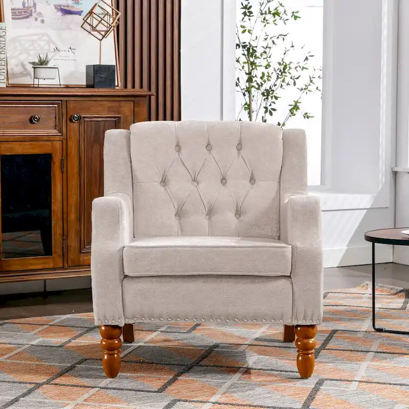 Fauteuil d'appoint en lin, dossier capitonné avec motif diamant, coussin haute résilience, pieds en bois massif