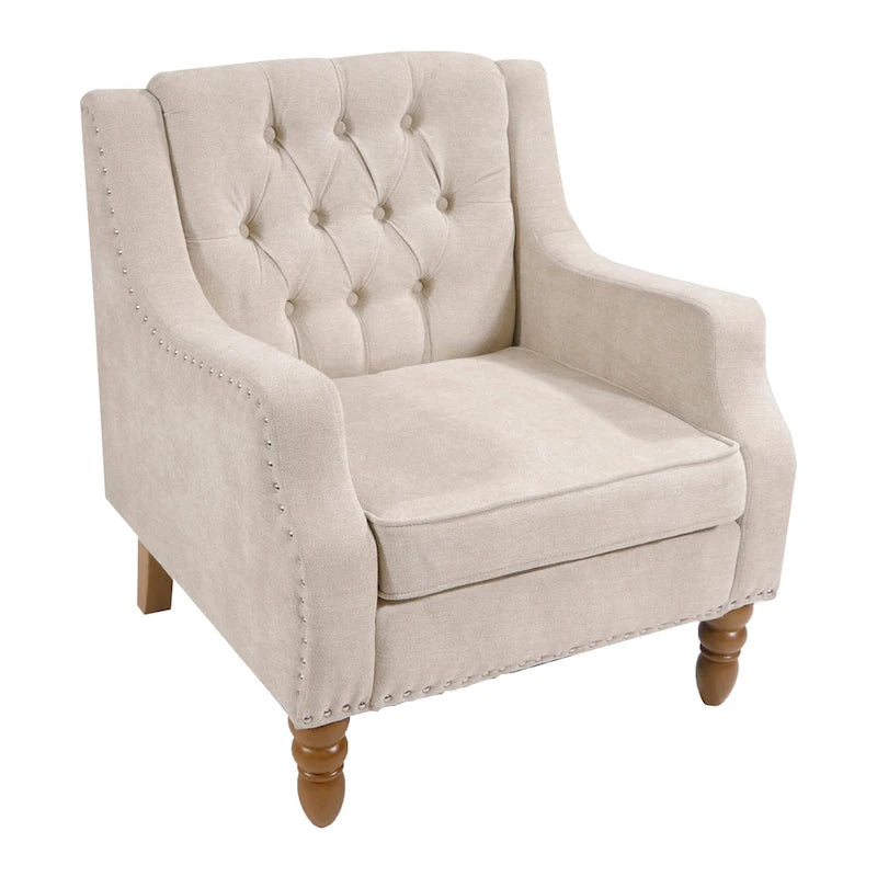 Fauteuil d'appoint en lin, dossier capitonné avec motif diamant, coussin haute résilience, pieds en bois massif