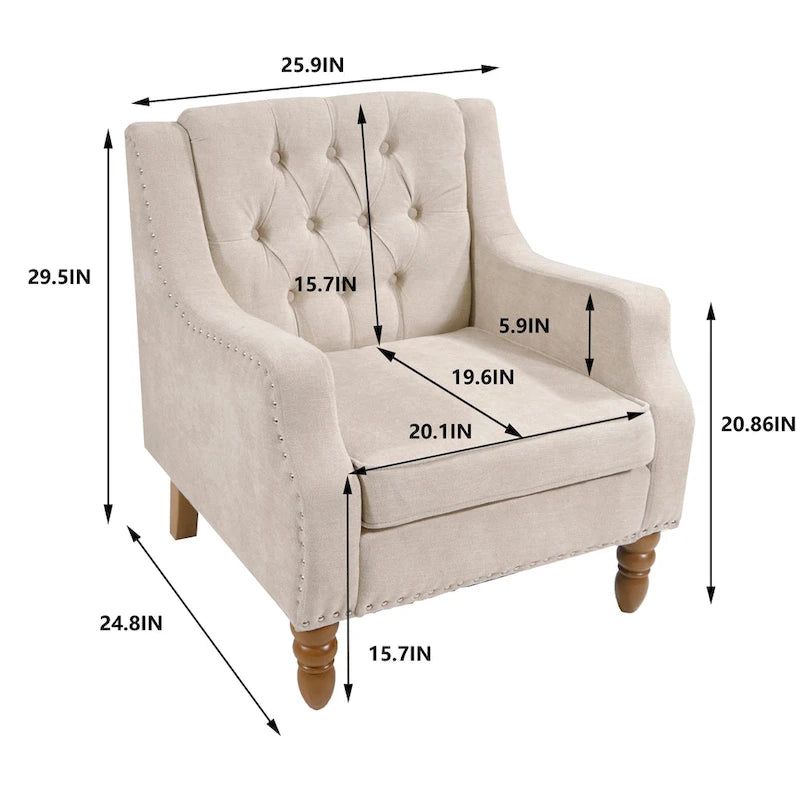 Fauteuil d'appoint en lin, dossier capitonné avec motif diamant, coussin haute résilience, pieds en bois massif