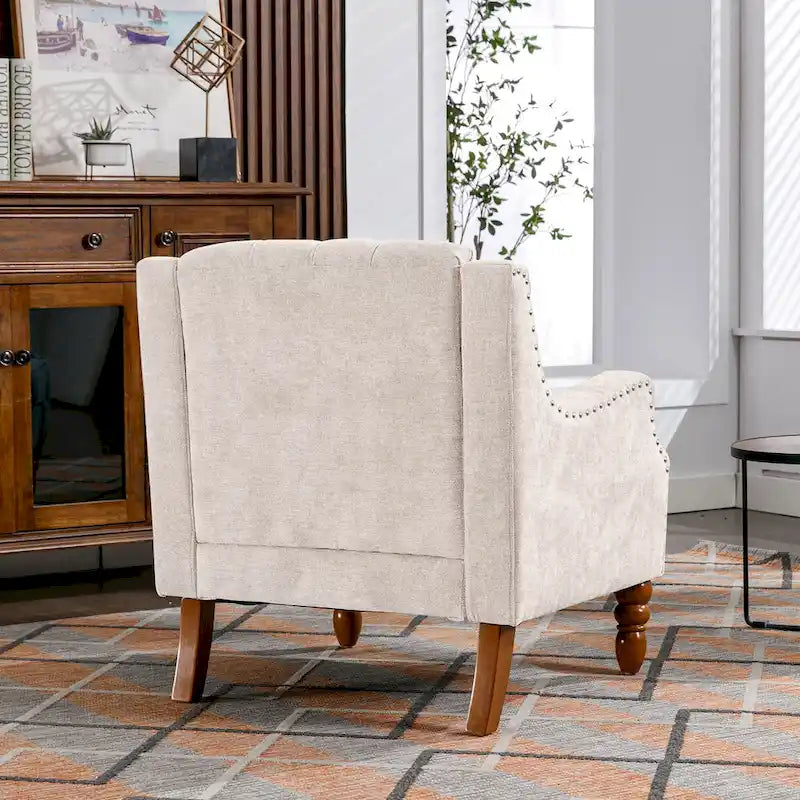 Fauteuil d'appoint en lin, dossier capitonné avec motif diamant, coussin haute résilience, pieds en bois massif