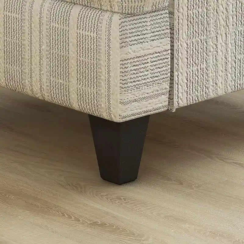 Fauteuil de transition en chenille rayée, pieds en bois fuselés, coussin d'assise en T