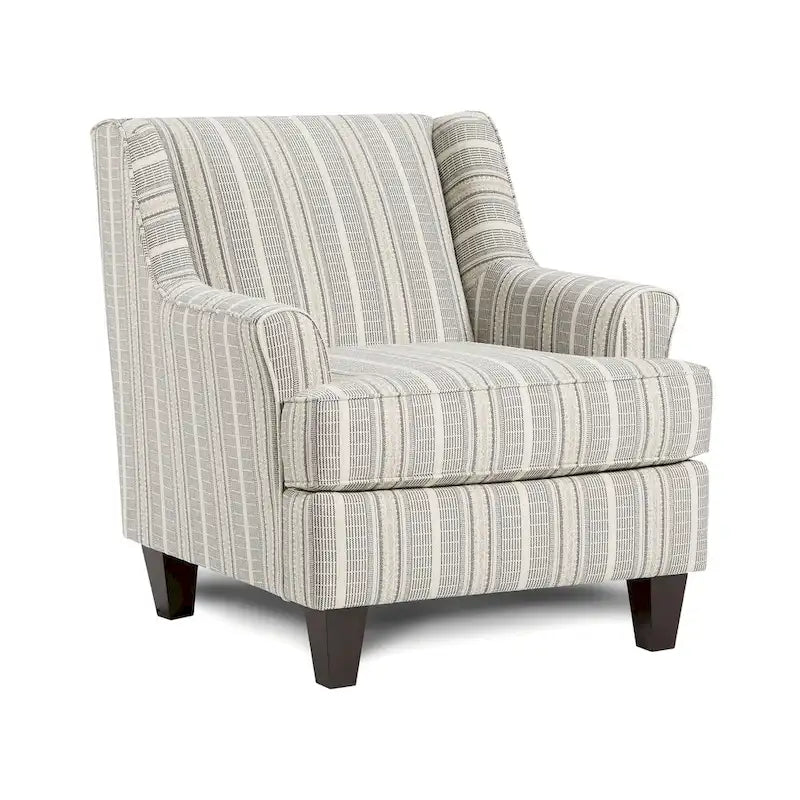 Fauteuil de transition en chenille rayée, pieds en bois fuselés, coussin d'assise en T